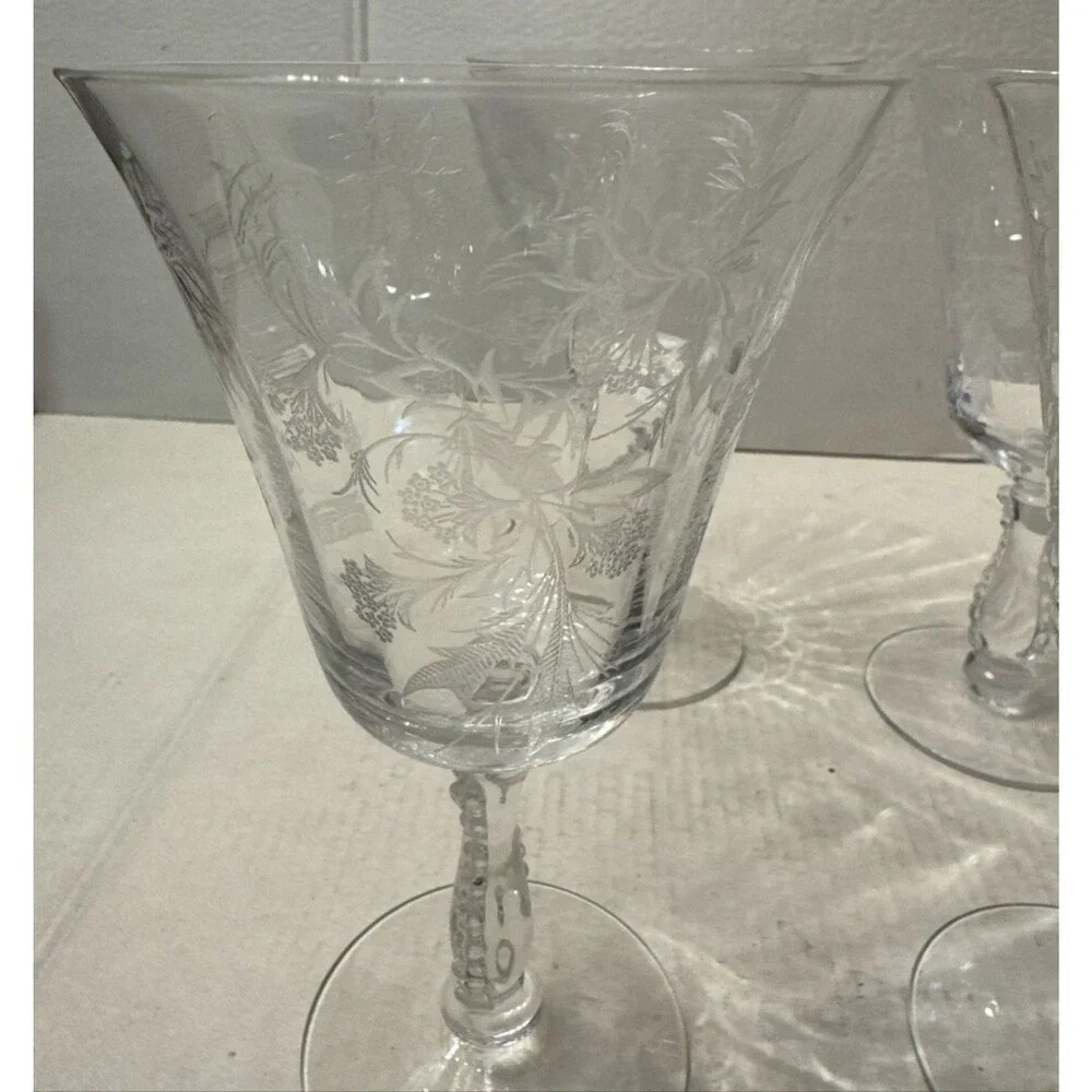 Fostoria Heather Crystal Etched Champagne Goblets Wine Glasses (Set of 4) 7.25